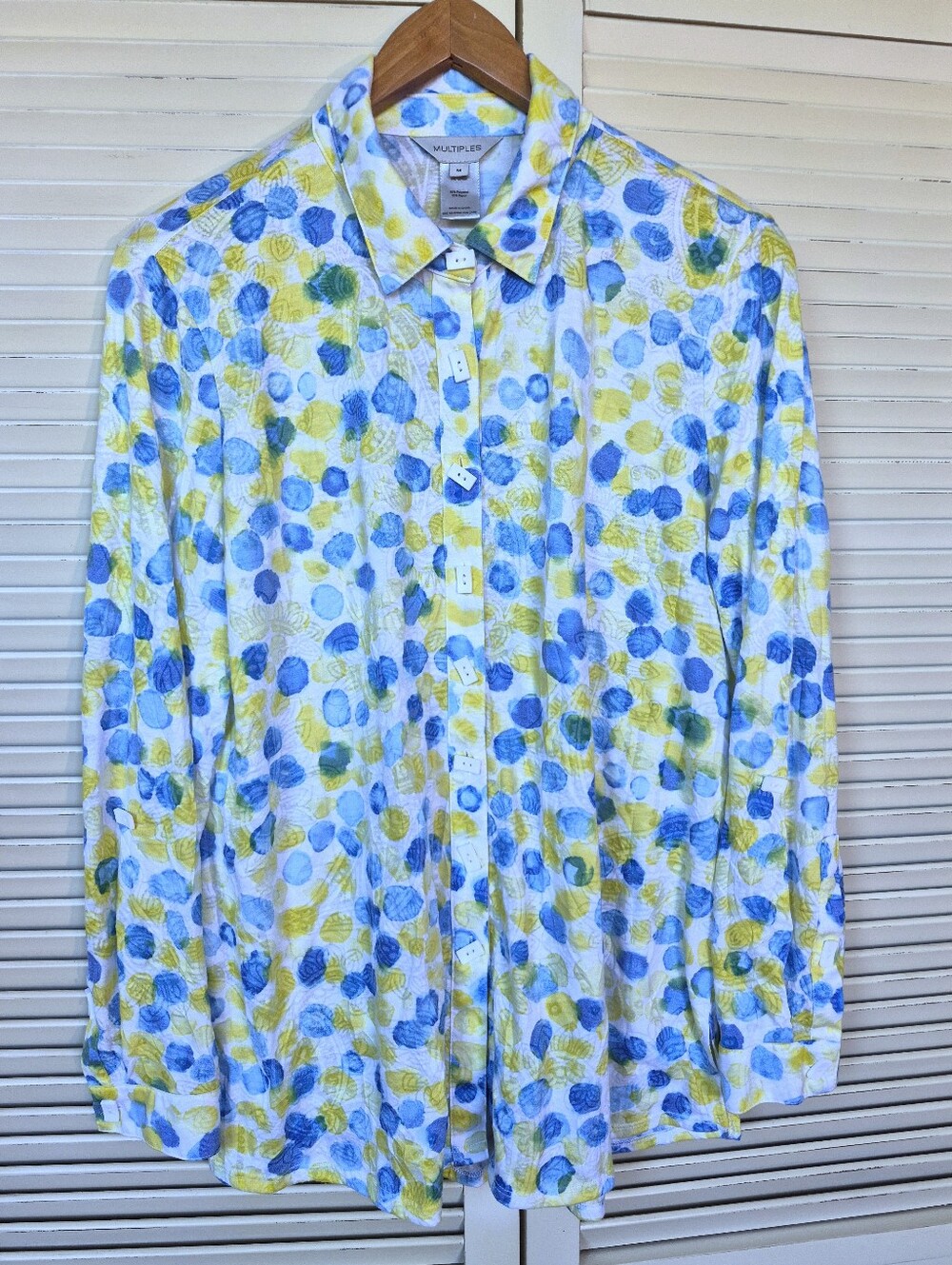 Multiples Women's Long-Sleeve Button-Up Shirt Blue & Yellow Dot Print Size Large